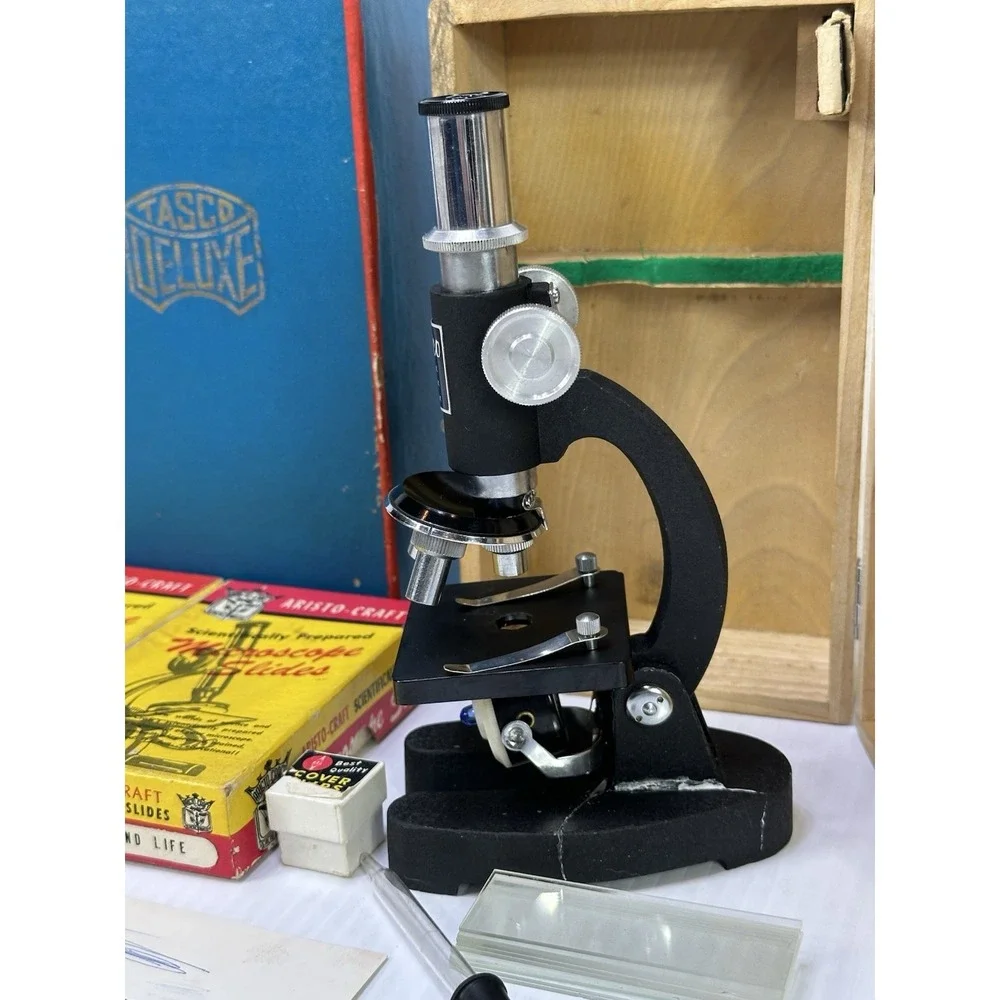 Vtg Tasco Deluxe 600x Microscope Wood Case 2 Boxes Slides Manual Original Box